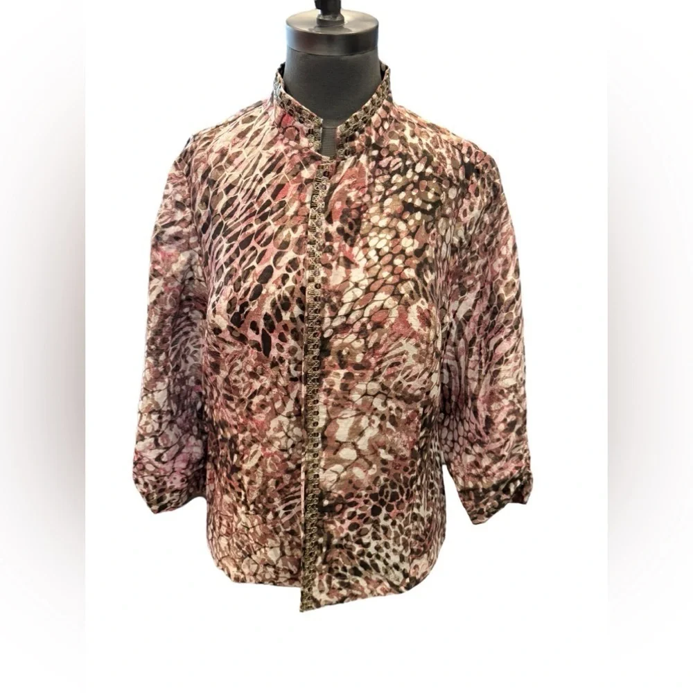 Chicos Linen Blend Blazer Pink Gold Trim Womens Large